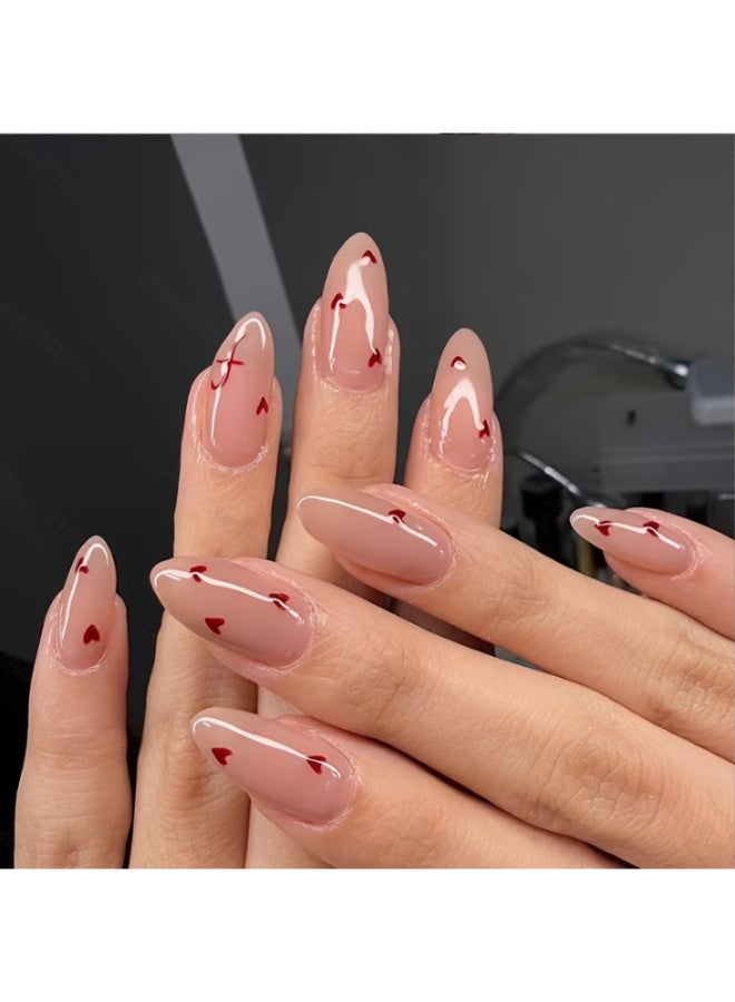 KHAJUL 24 Pcs Lovely Heart Press on Nails Short Medium Fake Nails with Glue Nude Pink False Nails Almond Shape Nails Reusable Stick on Nails Full Cover Artificial Nails for Women Nail Art - Image 1